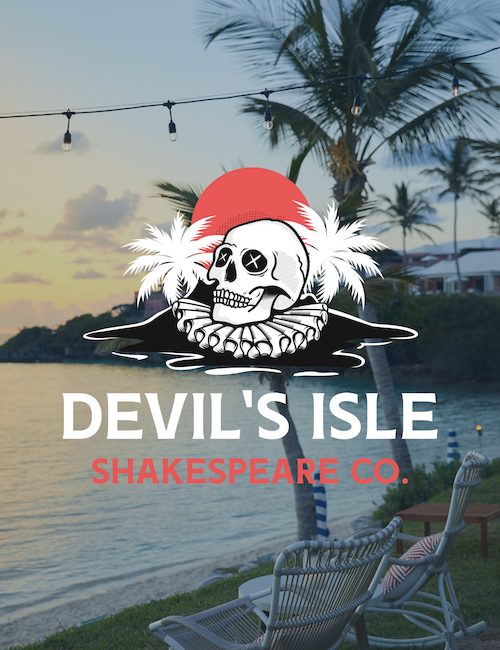 The image shows a tropical outdoor scene with palm trees, lounge chairs, and a calm body of water. An overlay logo reads "DEVIL'S ISLE SHAKESPEARE CO."