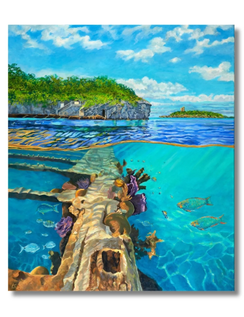 A vibrant painting shows an underwater scene with an old wooden structure, fish, corals, and a scenic coastal view above water.