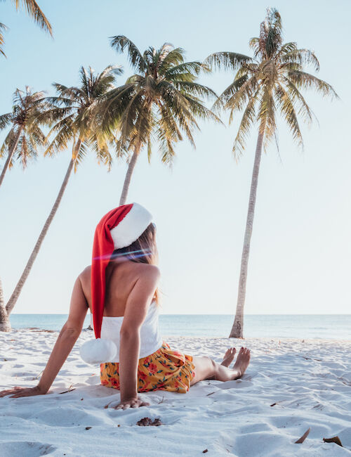 A person in a Santa hat on a sunny beach with palm trees and clear sky, enjoying the serene view.
