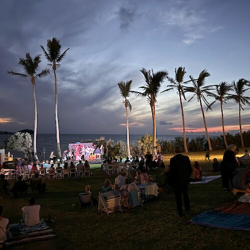 People are gathered on a grassy area near palm trees at dusk, enjoying an outdoor event with a lit stage.