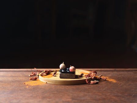 A dessert on a wooden plate, with chocolate decorations and round elements, set on a table with scattered cocoa and spices.