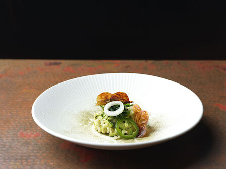 A beautifully plated dish featuring shrimp, sliced vegetables, and sauce on a white plate, set against a dark background.
