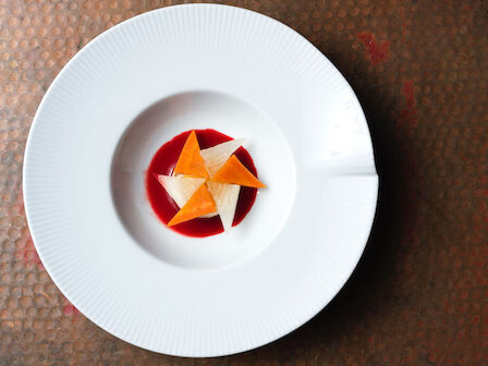 A white plate with geometric slices of food on a red sauce.