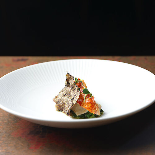 A gourmet dish featuring various ingredients on a white plate, artfully arranged with a dark background for contrast.